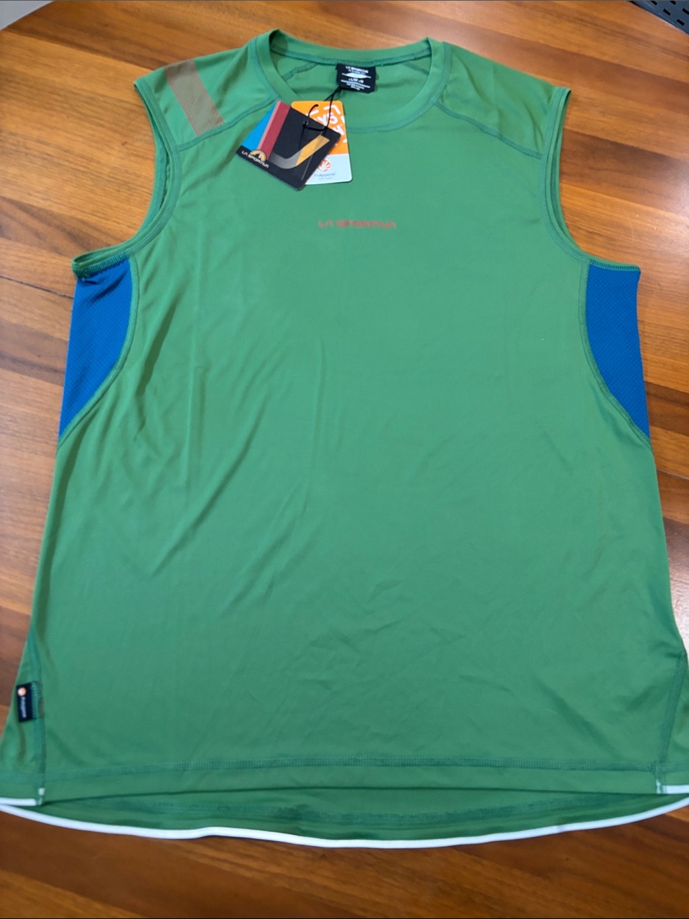 La Sportiva Green running Tank with Blue Side Panels, men’s medium